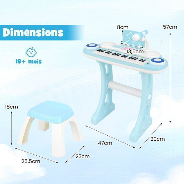 Piano electrónico infantil COSTWAY de 37 teclas con taburete - 4 sonidos de percusión - 8 ritmos - Micrófono - Luz intermitente - Azul