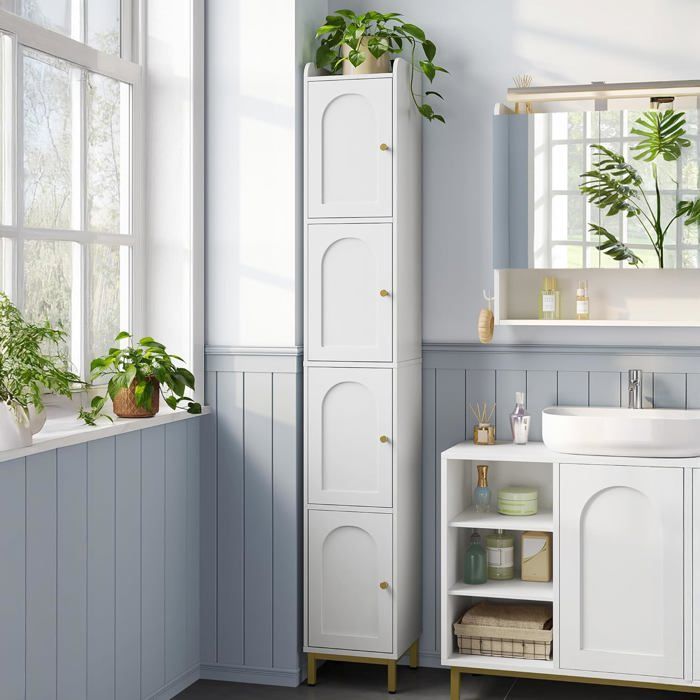 Mueble columna para baño, unidad de almacenamiento con 4 puertas, armario de baño, estantes ajustables, 26 x 28 x 180 cm, blanco