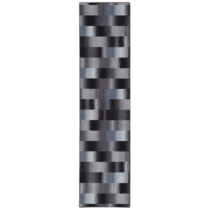 Alfombra larga para pasillo - SNAPSTYLE - Mystic - Terciopelo resistente - Cuadros azul grisáceos - 100x200 cm
