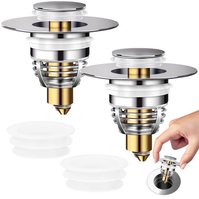Desagüe automático universal para lavabo de 32–42 mm – paquete de 2, acero inoxidable y latón, filtro antiobstrucción