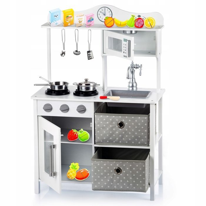 Vintage wooden children's kitchen with light, sounds and accessories, fruits and vegetables to cut (GS0058-1)