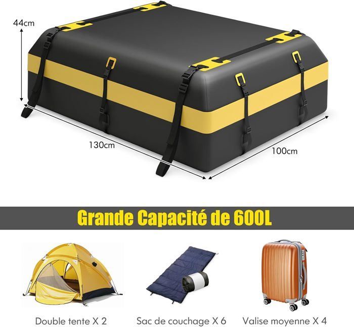 Bolsa impermeable para techo de coche COSTWAY de 600 L con 10 correas, 6 ganchos para puerta, cerradura, alfombrilla antideslizante y bolsa de almacenamiento.