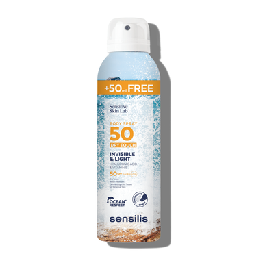 Sensilis-vartalosuihke Dry Touch Invisible Light SPF 50 Näkymätön aurinkosuojasuihke herkälle iholle 200 ml 50 ml 200 ml 50 ml