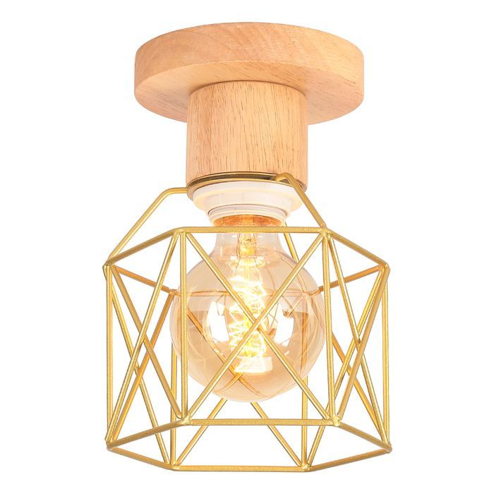 SNOGOLD Plafonnier Industriel Lampe de Plafond Rétro en Métal et Bois, Vintage E27 Luminaire Hexagone Cage Doré pour Salon Chambre