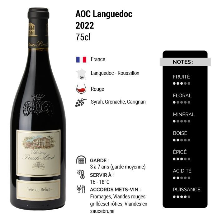Château Puech Haut Languedoc Tête de Bélier 2022 - Vino rosso della Linguadoca-Rossiglione (6x75cl)