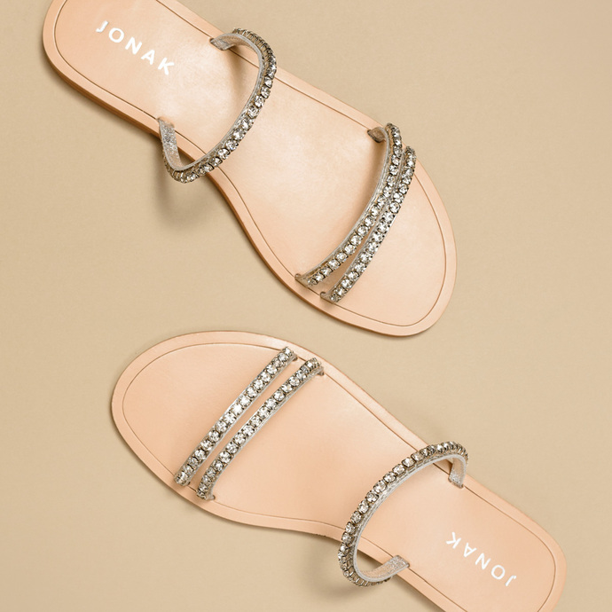 Mules à brides  en cuir et strass argent
