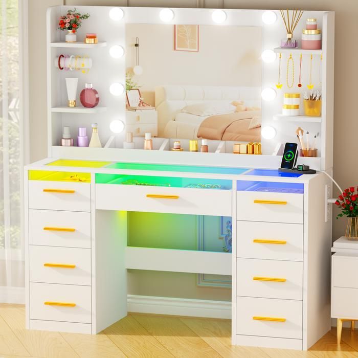 Coiffeuse Grande avec Miroir , LED Réglable, Prise et Port USB, 9 Tiroirs, 105X40X140cm，Blanc