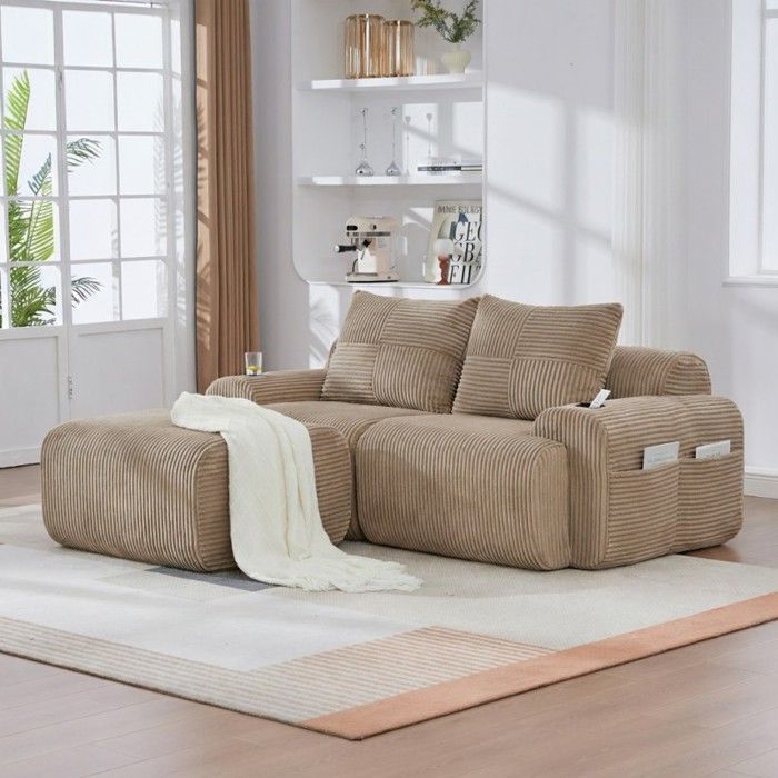 Canapé modulable 2 places - LANGTU - Modulaire 2 places - Velours côtelé - Repose-pieds & porte-gobelet - Khaki