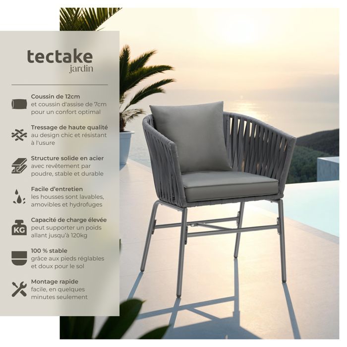 Tuinstoelen - TECTAKE - Set van 4 VALEIRAS stoelen met gevlochten touwlook en afneembare hoezen, 60 x 61 x 77 cm - Grijs