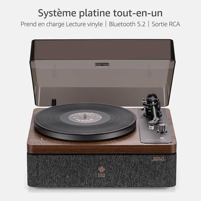 Toca-discos STACKSTONE x JAMO DS07 Bluetooth 5.2 com alto-falantes integrados, cápsula AT3600L, som Hi-Fi, 33/45 RPM, preto