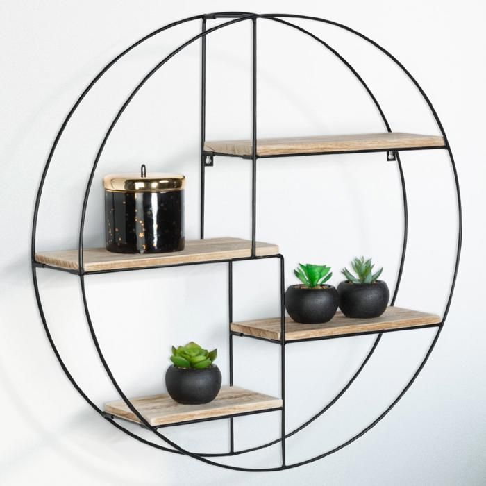 IDMARKET LILY Ronde wandplank, 4 lagen, hout en metaal, industrieel design