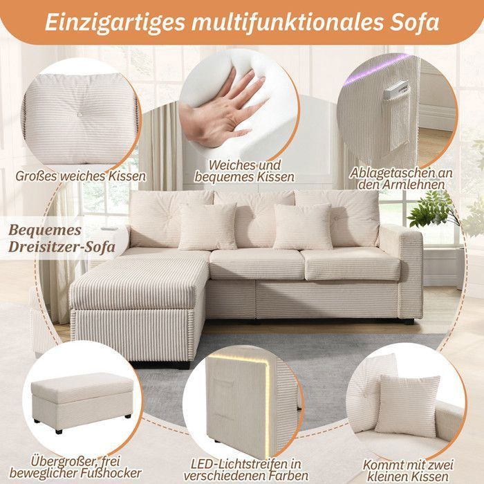 Canapé  d'angle droit  3 places,canapé modulable avec LED ,repose-pieds amovible et Oreiller, velours côtelé, beige