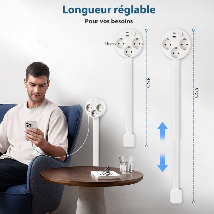 1500-W-Steckdosenleiste, 47–67 cm ausziehbar, mit 3 Steckdosen, 1 USB-C-Anschluss, 1 USB-A-Anschluss, Schalter, 360°-Drehung
