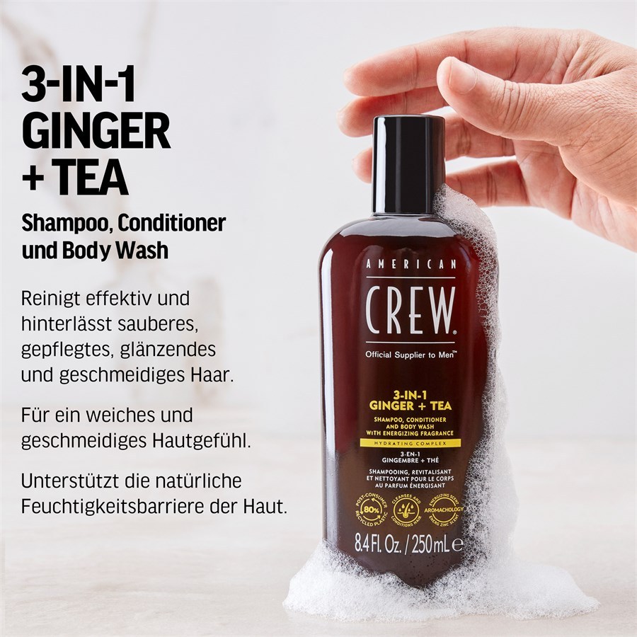 American Crew 3-v-1 šampon z ingverjem in čajem: šampon, balzam in gel za prhanje – 1000 ml