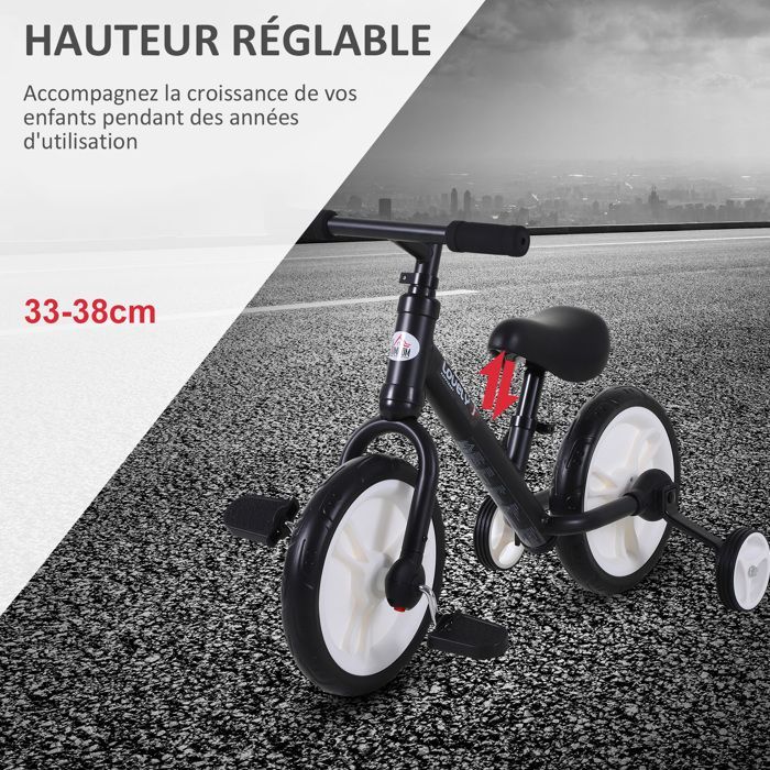 2-in-1 balance bike for children - HOMCOM - removable training wheels and pedals - adjustable seat height - for children 2-5 years old - black steel