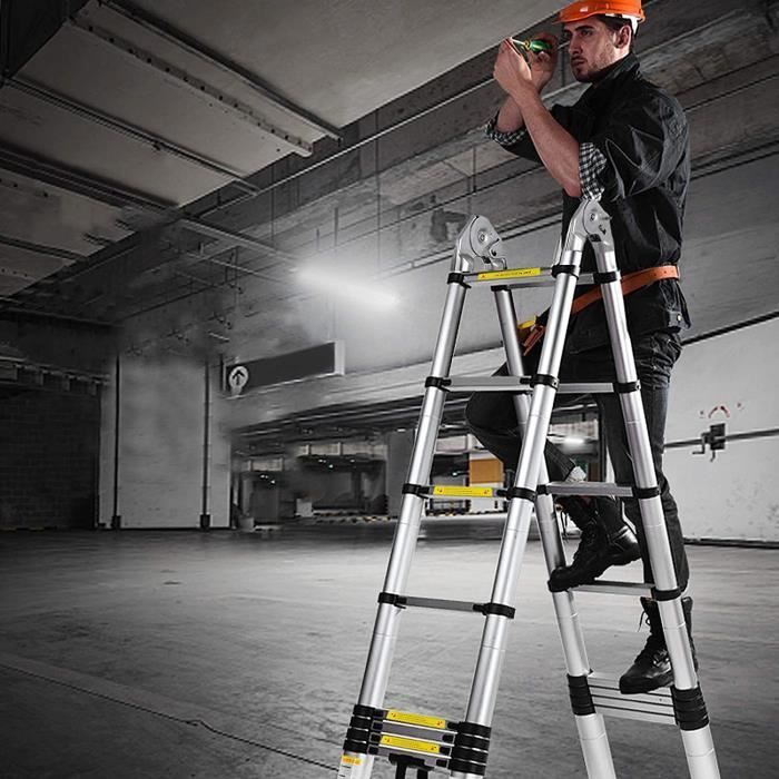 Escalera telescópica de aluminio NAIZY de 3,8 m - Plegable, portátil, 12 peldaños - Capacidad de carga de 150 kg - Plateada