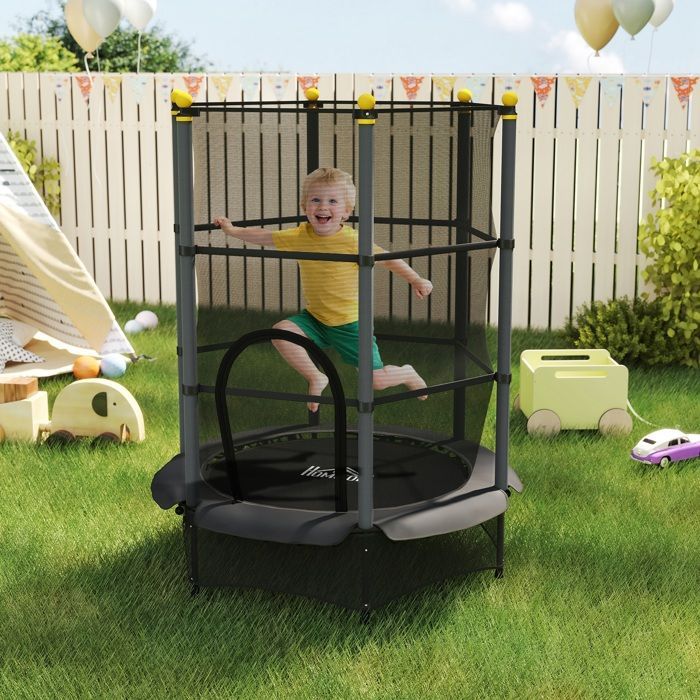 HOMCOM Children's Trampoline Ø 1.40 × 1.90H m Safety Net Zipped Door Spring Covers 6 Padded Poles Included Black