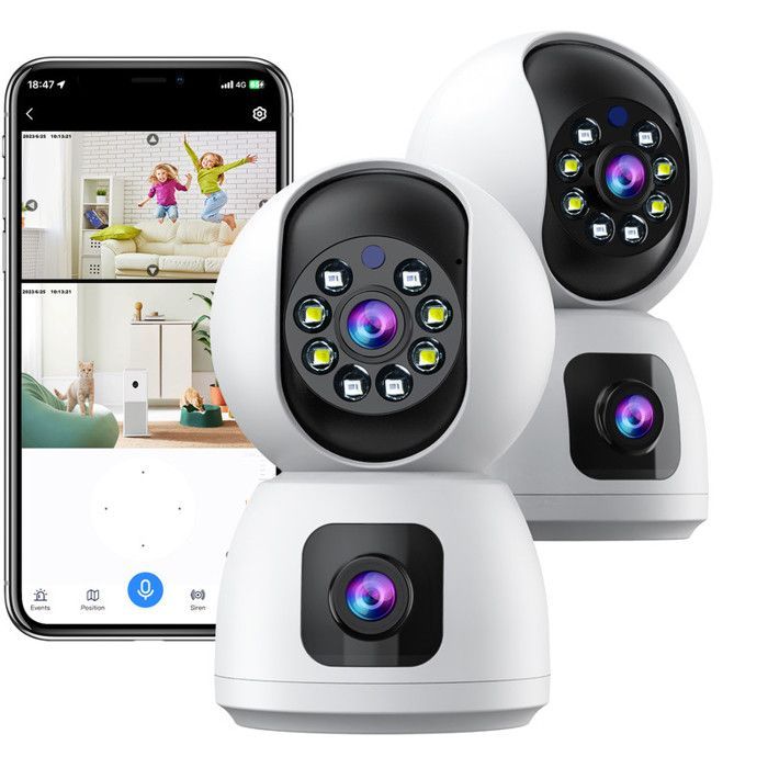 Câmera de vigilância sem fio Wi-Fi CAMCAMP para ambientes internos, com lente dupla de 2MP+2MP, ideal para babás eletrônicas.