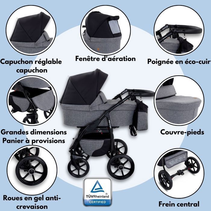 GagaDumi Boston 3-in-1 Combination Stroller, Carrycot, Car Seat with All Accessories, Pram (B1-Grey Jeans)