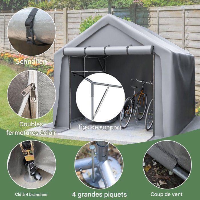 Casetta da giardino - garage per biciclette, capanno per attrezzi, tenda da garage, casetta da giardino, tenda deposito, grigio scuro - 244 x 241 x 217 cm