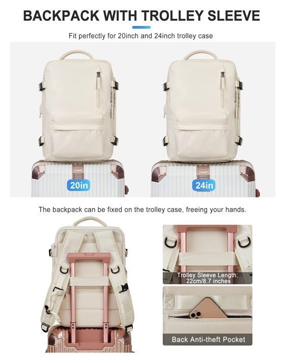 Mochila de cabina de viaje de 43x20x30cm para Ryanair - Bolsa de viaje para hombre/mujer - Equipaje de cabina - Mochila de 20L con bolsillo antirrobo