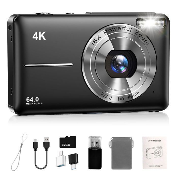 Cámara digital 4K, cámara compacta portátil de 64 MP, tarjeta SD de 32 GB, pantalla LCD de 2,4