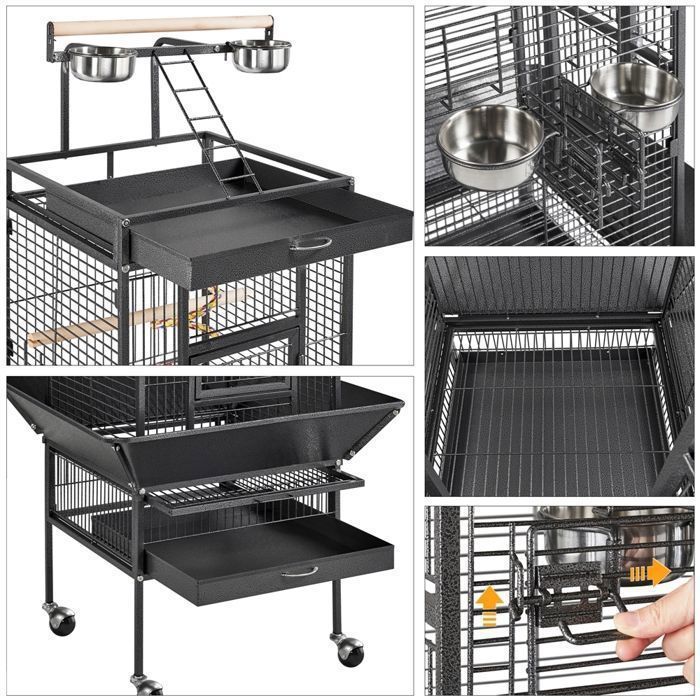 Großer Vogelkäfig auf Ständer – 65,5 x 65,5 x 155,7 cm – Metall mit 360°-Rollen, für Kanarienvögel/Wellensittiche – Dach zum Öffnen – Schwarz – YAHEETECH
