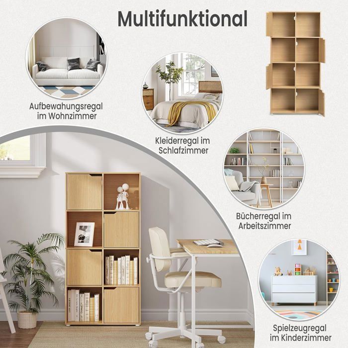 WOLTU Bibliothèque Étagère,Meuble de Rangement,8 Cubes de Rangement,4 Portes,en Bois d'Ingénierie,60x30x120cm,Chêne Clair W0ATT0297