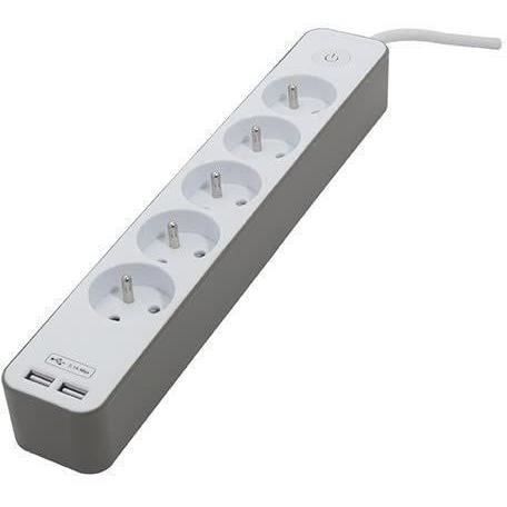 CHACON 5-outlet power strip, 16A, with 2 USB ports and 1.5m cable HO5VV-F 3x1.5mm² white and brown