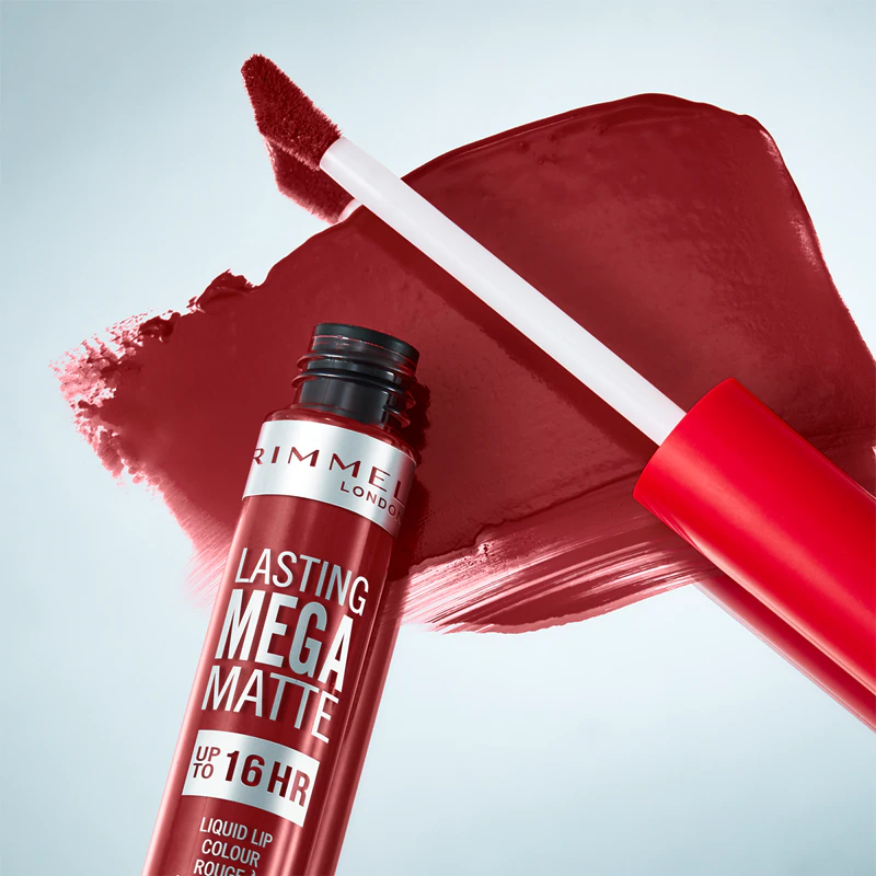 Batom líquido matte leve Rimmel Lasting Mega Matte com duração de 16 horas.
