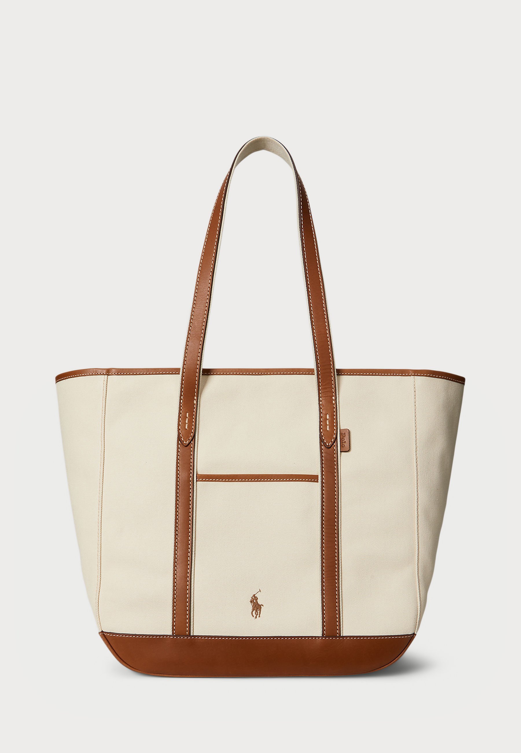 Polo Ralph Lauren MEDIUM SHOPPER TOTE MET LEREN AFWERKING OP CANVAS - Tote bag - ecru/cuoio
