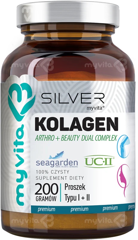 „MyVita Silver Collagen Arthro + Beauty“ milteliai, I ir II tipo maisto papildai, skirti sąnarių ir kremzlių mitybai.