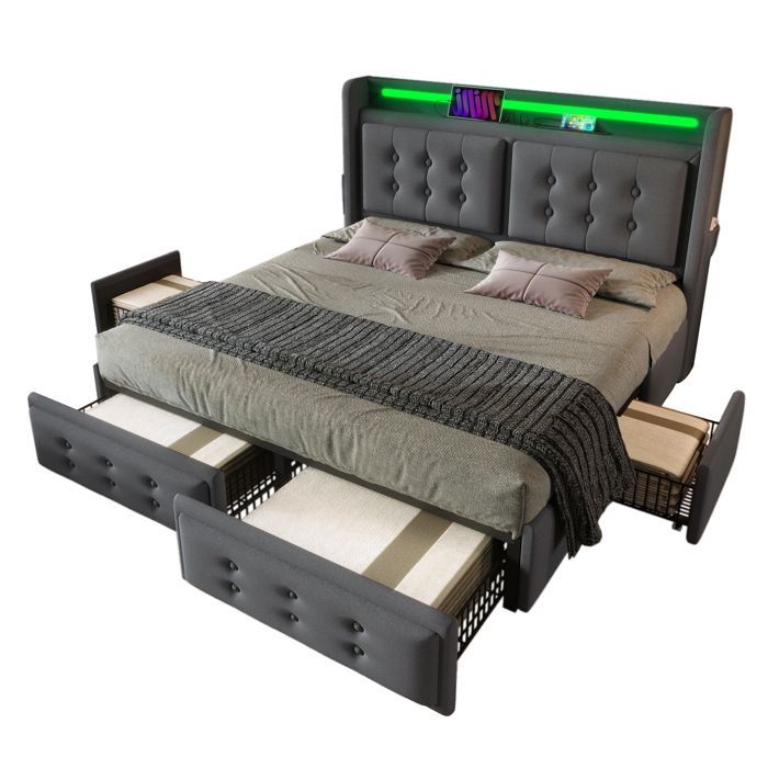 Lit adulte 180x200cm en tissu lin - avec LED et Ports de recharge - 4 tiroirs - avec sommier à lattes - Gris
