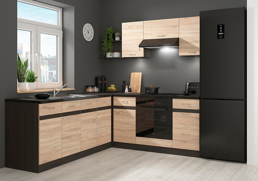 Komplet kuchenny narożny Junona Line 200x220 prawy dąb sonoma bez blatu