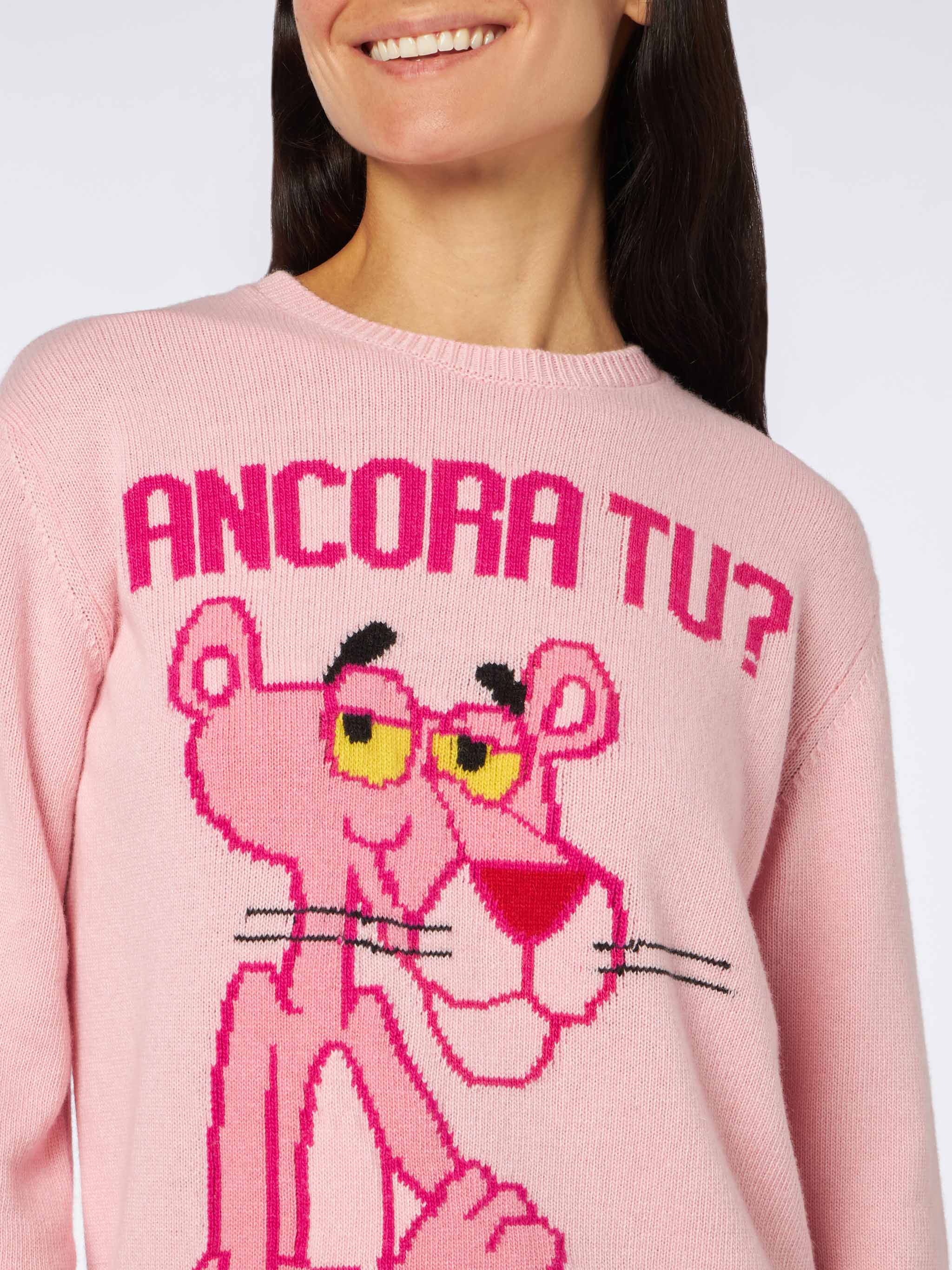 Maglione da donna girocollo rosa con stampa Pantera Rosa Ancora Tu?| E