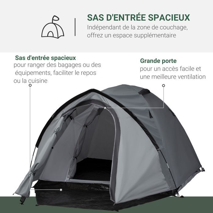 Cort de camping - Outsunny - cort tip cupolă ușor, ventilat și impermeabil, pentru 2-3 persoane, cu 2 uși și ferestre - poliester PE - 3,25x1,83x1,3m - gri