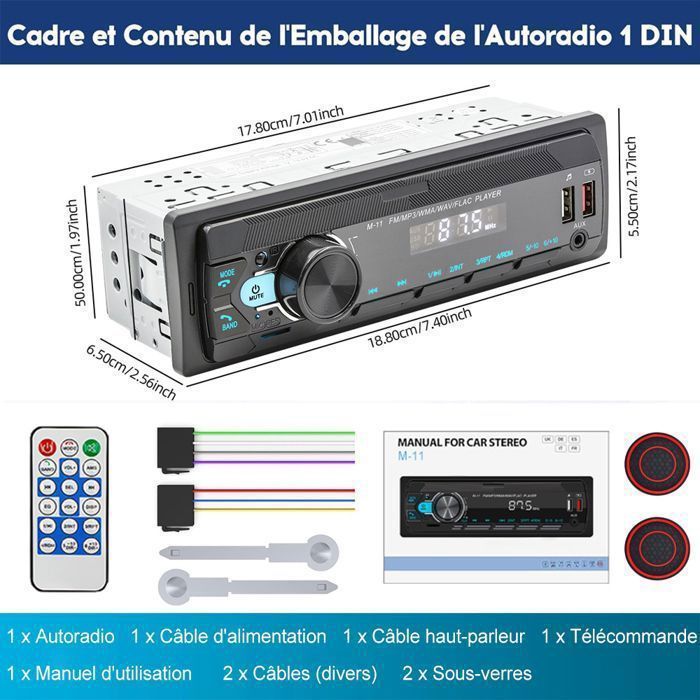 Radio para coche Bluetooth 1 DIN - 7 colores FM Bluetooth 5.0 - para coches de 12V Compatible con 2 USB/AUX/MP3/iOS/Android