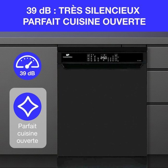 Continental Edison freestanding dishwasher - 15 place settings - 59.8 cm wide - Energy class D - Induction motor - 39 dB - Black