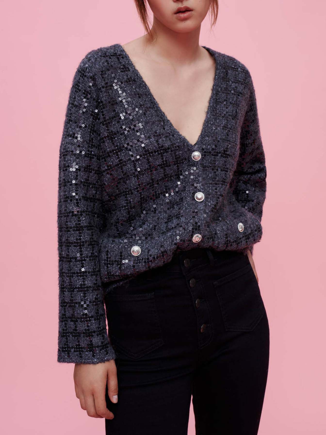 Gebreid vest met pailletten en tweed-effect - Grijs