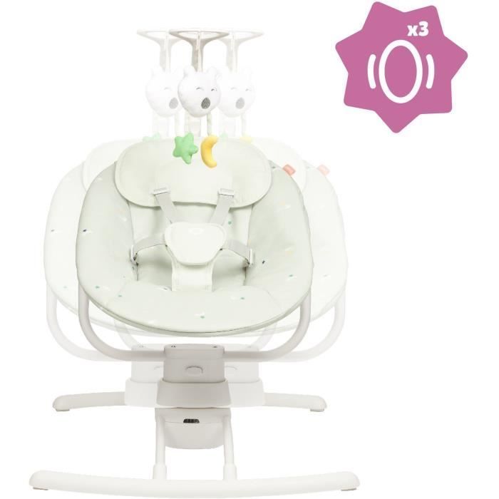 Columpio eléctrico para bebés Badabulle - Reclinación lateral - 3 velocidades de balanceo - 8 nanas - Barra de juguetes - Garantía de por vida, Lichen