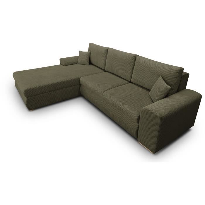 Canapé d'angle convertible - 5 places - INDIAN - Tissu velours côtelé Vert kaki - Coffre de rangement - 289 x 94/188 x 88 cm