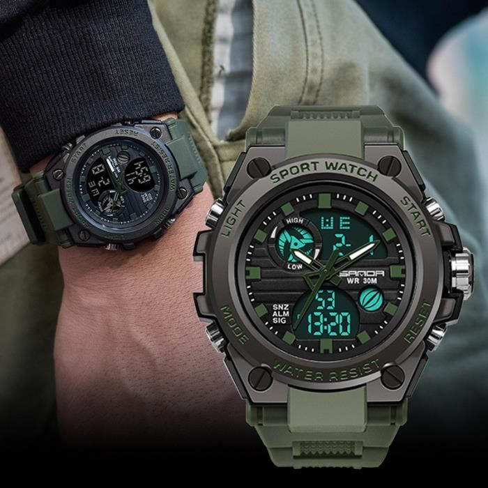 Orologio sportivo da uomo SHARPHY, digitale a LED, stile militare, doppio display, luminoso, impermeabile, colore verde militare.