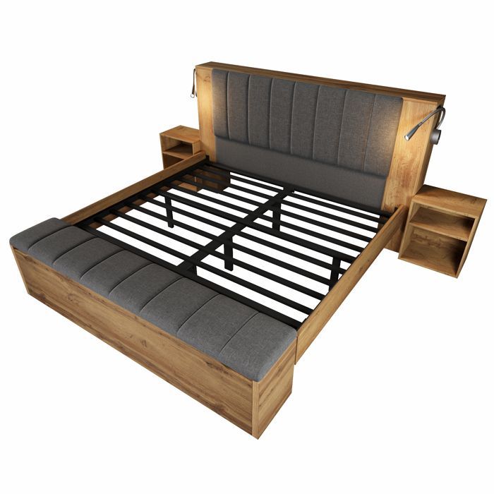 Letto matrimoniale 180x200 cm - MODERNLUXE - Lampade da lettura + porte USB + panca contenitore - 2 comodini - Naturale