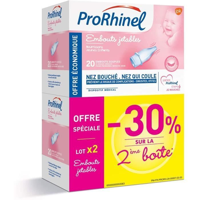 Prorhinel Disposable Nasal Aspirator Tips x20, Soft Tips, For Blocked and Runny Noses, Gentle and Hygienic, Pack of 2 x 2011