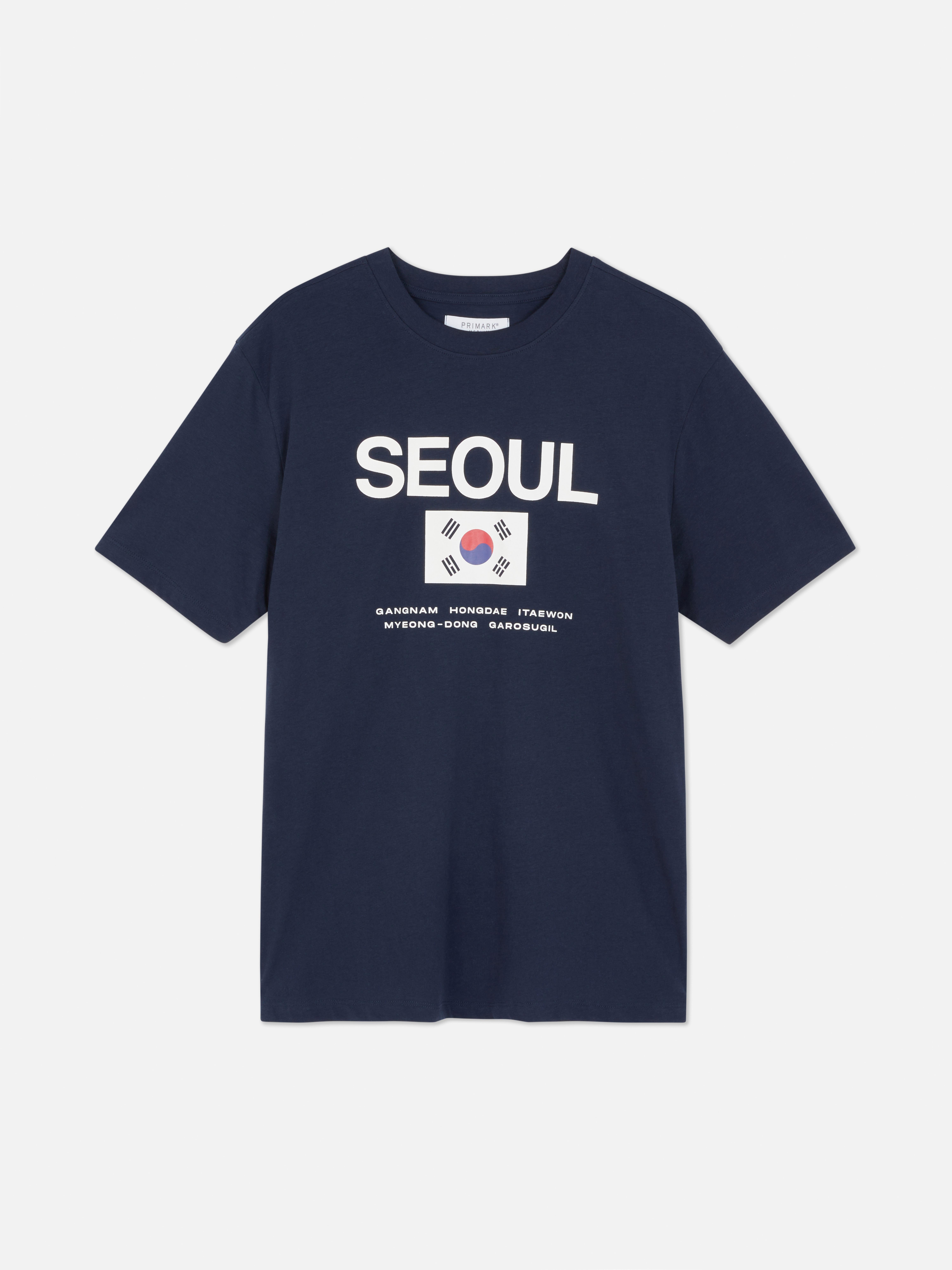 Seoul Print T-Shirt Dieses Rundhals-T-Shirt mit der südkoreanischen Flagge ist ein Must-have für lässige Looks.