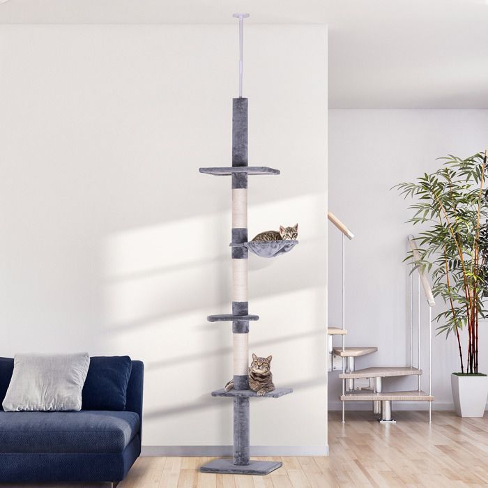 PawHut Arbre chat du sol au plafond poteau à griffer L40 x l 34 x H 230-260 cm 5 niveaux d'activités gris