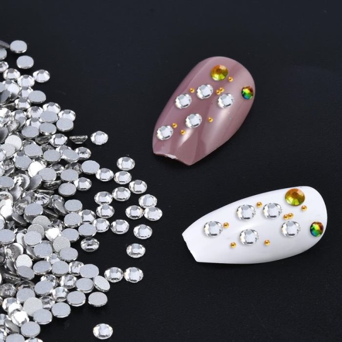 1000/1440 strass en verre transparent à paillettes, dos plat, pour nail art, breloques 3D, pierre AB, cristal transparent, décoration DIY, autocollant pour manucure