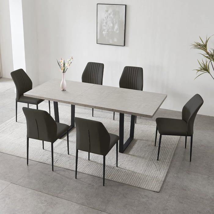 JIEXI Modern Dining Set for 6 to 8 People, Extendable Dining Table (Extendable Table + 6 Black Chairs)