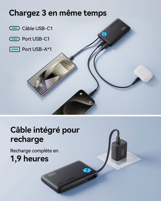 Bateria externa INIU, Power Bank PD de 45W e 10000mAh com cabos USB-C integrados, carregamento rápido para iPhone, Samsung, etc.
