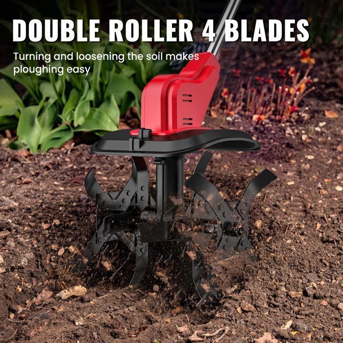 Motocultor eléctrico de 21 V con 2 baterías, rodillo doble, 4 cuchillas y pantalla LED para huertos, césped y jardines.
